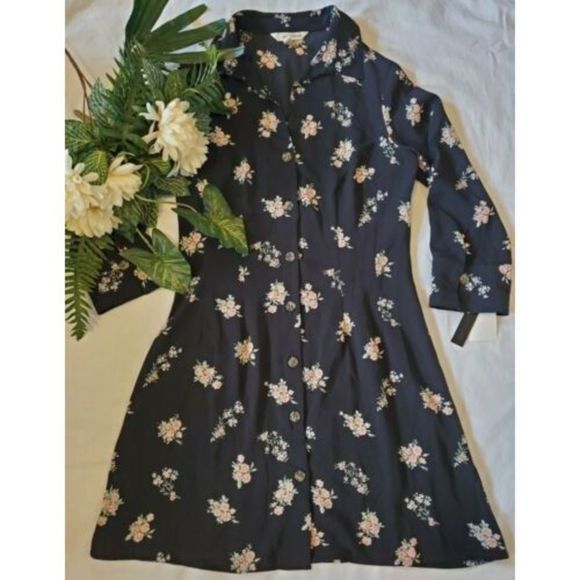 NWT Speechless Black Floral Button Front Long Sleeve Knee Length Dress SZ Medium - Picture 7 of 8
